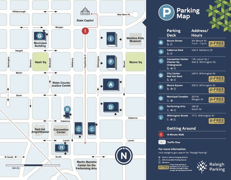 Map of Downtown Raleigh parking decks. On the left is a image of the map and on the right is a list of the parking deck name, address and more information.