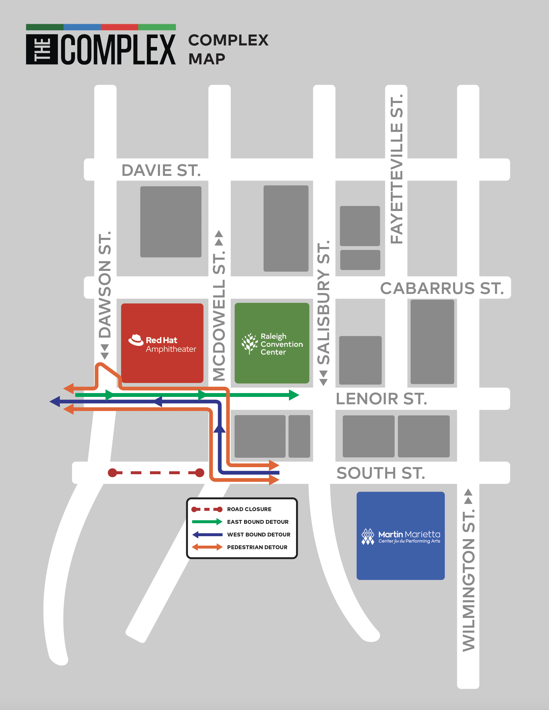 Map near Red Hat Amphitheater and Raleigh Convention Center with South Street Closure