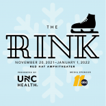 a light blue background with a large snowflake. the words the rink are in large black text and a logo of an ice skate is above the "k" the words November 20 - January 1 red hat amphitheater are below it as well as the UNC Health and ABC11 logo