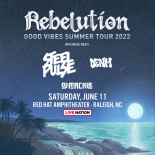 an image showing a sky with stars and the moon the bottom right above the ocean there are palm trees in the bottom left. The words rebelution good vibes summer tour 2022 with special guests steel pulse denm dj makle saturday june 11 red hat amphitheater raleigh nc and the live nation logo are in the center of the image