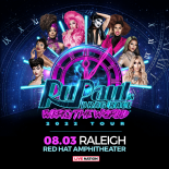 an image with a black background showing roman numerals and a clock at the top. going around the clock in a circle are photos of 8 drag race performers the words RuPaul's drag race werq the world 2022 tour 08.03 raleigh red hat amphitheater are in the center of the image with the live nation logo at the bottom
