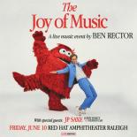 A photo of Ben Rector in a blue suit dancing next to a red fuzzy cartoon. Title reads: The Joy of Music a live music event by Ben Rector.