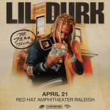an image with a light yellow background a brick building is in the background and Lil Durk is shown in the center of the screen he is holding money and looking down the text Lil Durk is above his head and the 7220 tour is over his right shoulder below him is the text April 21 red hat amphitheater Raleigh
