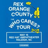 A photo with a blue background. Text reads REX ORANGE COUNTY THE WHO CARES TOUR 2022. Photo features a yellow thumbs up with a smiley face saying, "see you soon"