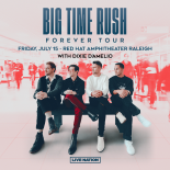 an image with a pink background the words big time rush forever tour Friday July 15 red hat amphitheater Raleigh with dixie damelio are at the top in dark blue text below that Big Time Rush is shown they are all seated with their right leg crossed over their left and their hands folded on their knee. They are all looking to the right