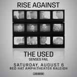 a image with a grey background showing 12 tv screens stacked onto of each other in black and white they each display a member of Rise again and the used. the text rise against the used senses fail Saturday august 6 red hat amphitheater is shown in black text