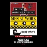 Cover photo of red an yellow background with a photo of a dog in a tie, text reads: 40 years of working class dog. Rick Springfield Men at Work. John Waite U.S. Summer Tour 2022