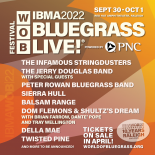 an image with an orange background listings all the mainstage artists for IBMA bluegrass live 2022