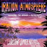 Iration x Atmosphere cover photo of a island beach with a purple, pink, and orange sunset. 