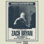 an image with a light tan background at the top the text american heartbreak tour is shown below that is a black and white photo of Zach Bryan he is standing at a microphone and holding a guitar below that image the text reads an evening with Zach Bryan September 14 Red Hat Amphitheater Raleigh, NC zachbryan.com