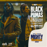 an image showing the Black Pumas the text 2022 mighty giveback black pumas the record company the heavy heavy oct 2 red hat amphitheater is in the top right in white text below that is band togethers logo and the words mighty giveback 2022