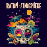 an image with a dark blue background the words iration atmosphere are at the top in yellow text below that is a sunset over the water and in the center of the water is a drink cup in the shape a of skull, inside the cup is a straw, umbrella and lemon below the cup on either side are waves and surf boards