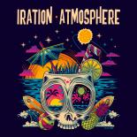an image with a dark blue background the words iration atmosphere are at the top in yellow text below that is a sunset over the water and in the center of the water is a drink cup in the shape a of skull, inside the cup is a straw, umbrella and lemon below the cup on either side are waves and surf boards