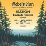 An animated picture of a forest and river with yellow skies. Rebelution good vibes summer tour 2023