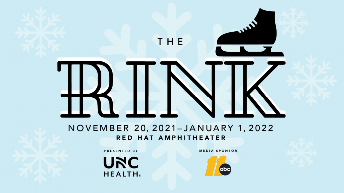 an image with a light blue background with a large white snowflake in the center. The words the rink are in the center in black text. there is one black ice skate above the letter "k"