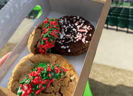 an unclose photo of two cookies they have red and green sprinkles