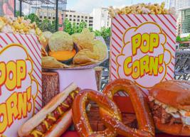 a photo of popcorn, nachos, hotdog, pretzel and bbq sandwich