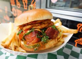 a photo of a NC Pork Belly Burnt End Sandwich