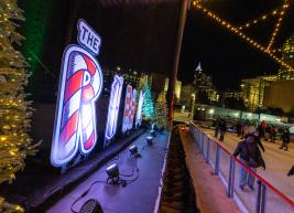 The Rink letters at Red Hat Amphitheater at night